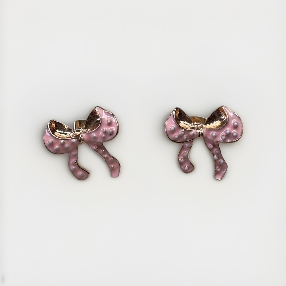 Pink Bow Earrings W/ Gold Plated Sterling Silver Backs Hypoallergenic New